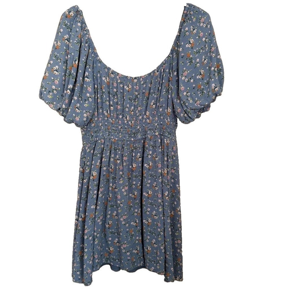 Liberty Love Floral Mini Dress L Boho Prairie Blue Rayon Puff Sleeve Cottagecore